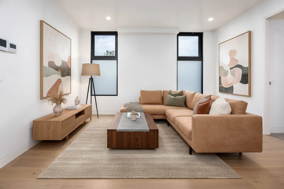 The same living room restyled with modern furnishings